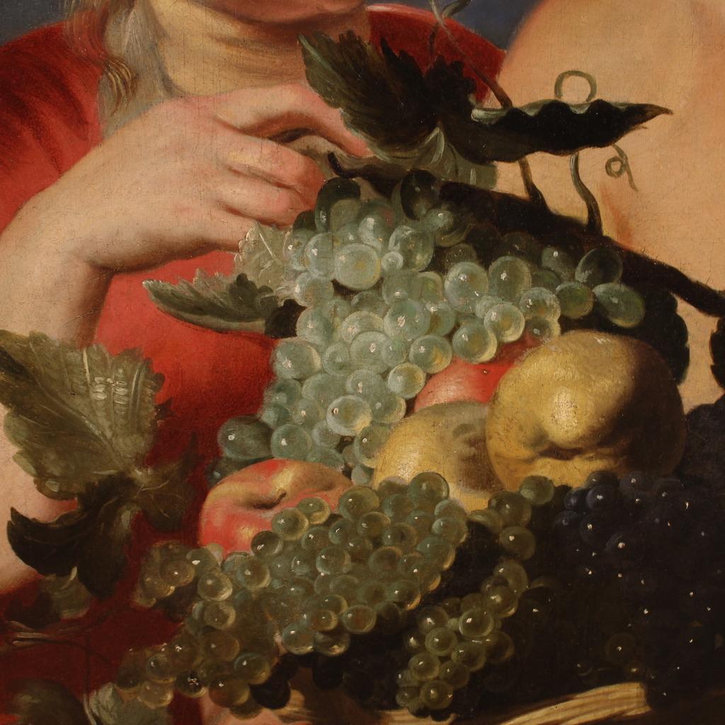 siglo XVII Óleo sobre lienzo Pintura flamenca Fauno con cesta de frutas y bacante 4