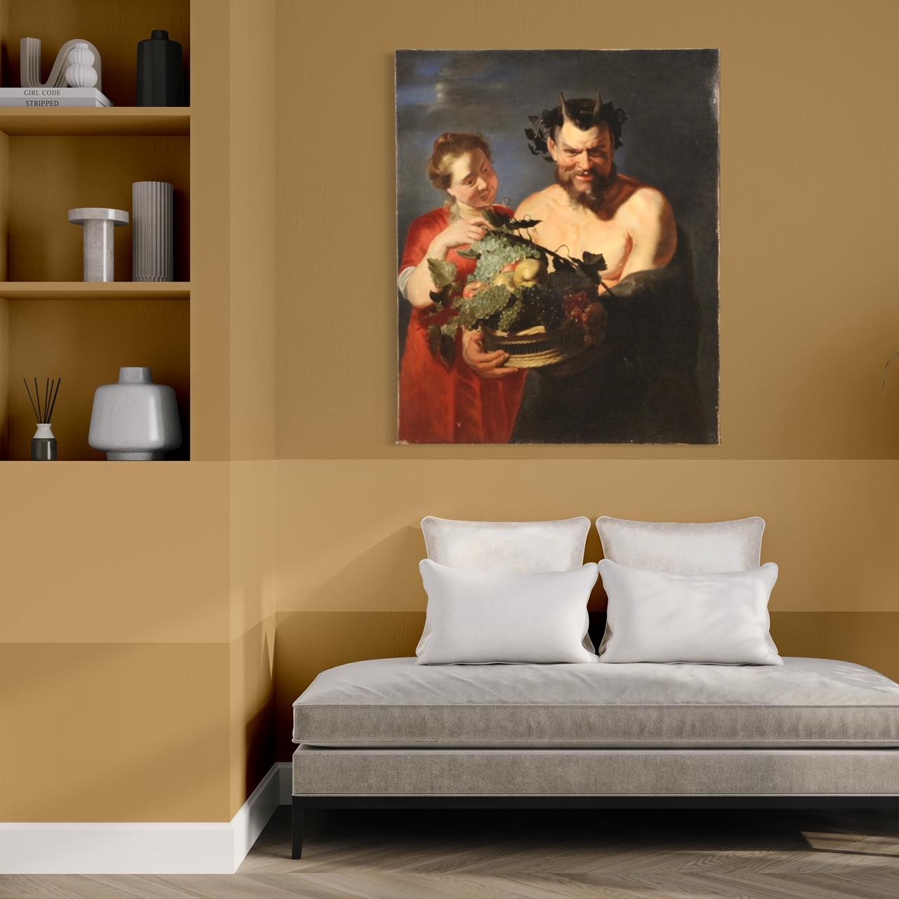 siglo XVII Óleo sobre lienzo Pintura flamenca Fauno con cesta de frutas y bacante 6