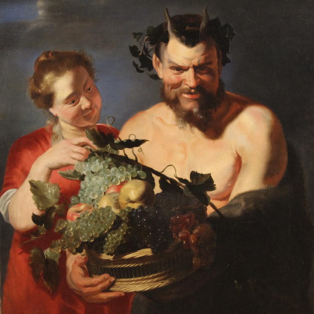 siglo XVII Óleo sobre lienzo Pintura flamenca Fauno con cesta de frutas y bacante 7