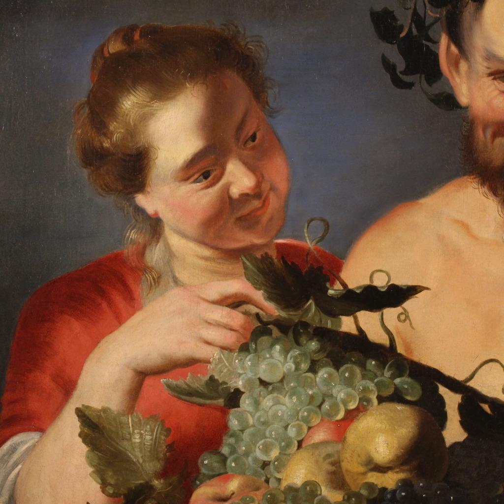 siglo XVII Óleo sobre lienzo Pintura flamenca Fauno con cesta de frutas y bacante Holandés