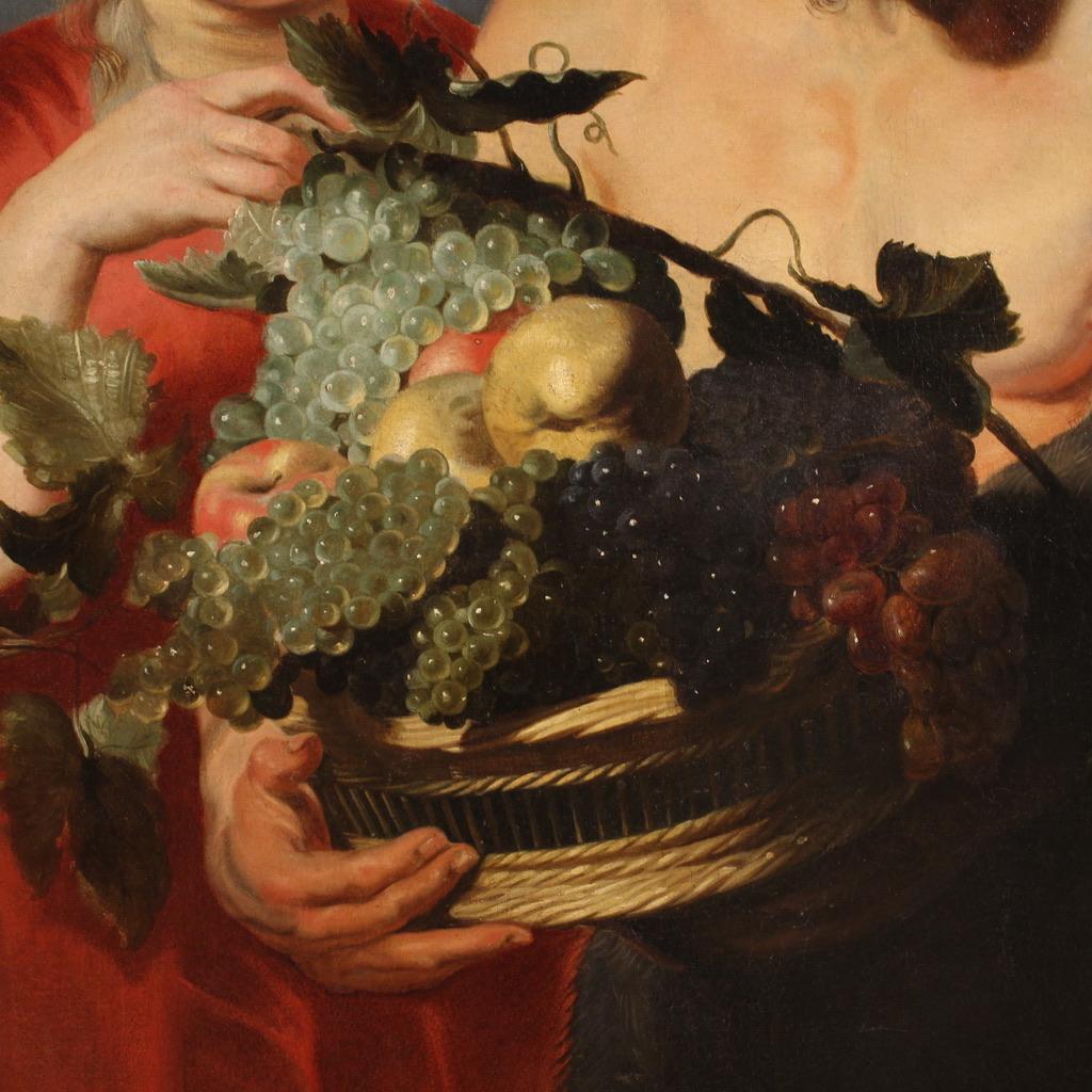 siglo XVII Óleo sobre lienzo Pintura flamenca Fauno con cesta de frutas y bacante Aceitado