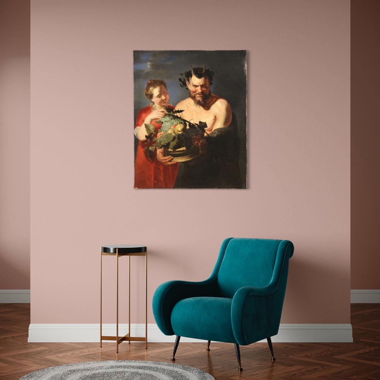 siglo XVII Óleo sobre lienzo Pintura flamenca Fauno con cesta de frutas y bacante finales del siglo XVII