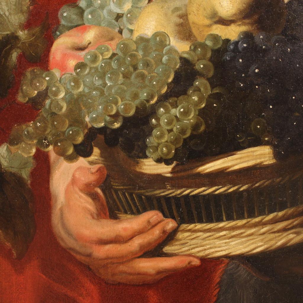 siglo XVII Óleo sobre lienzo Pintura flamenca Fauno con cesta de frutas y bacante Lienzo