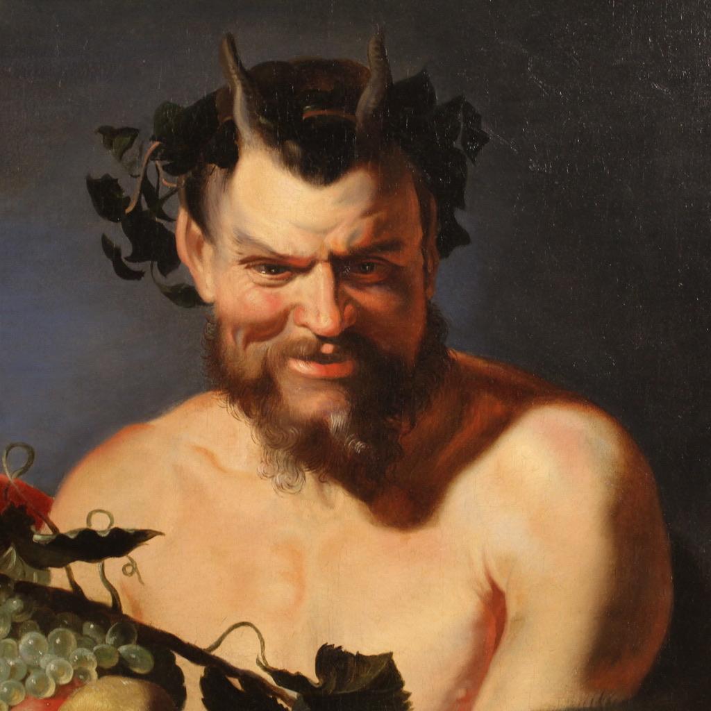 siglo XVII Óleo sobre lienzo Pintura flamenca Fauno con cesta de frutas y bacante 1