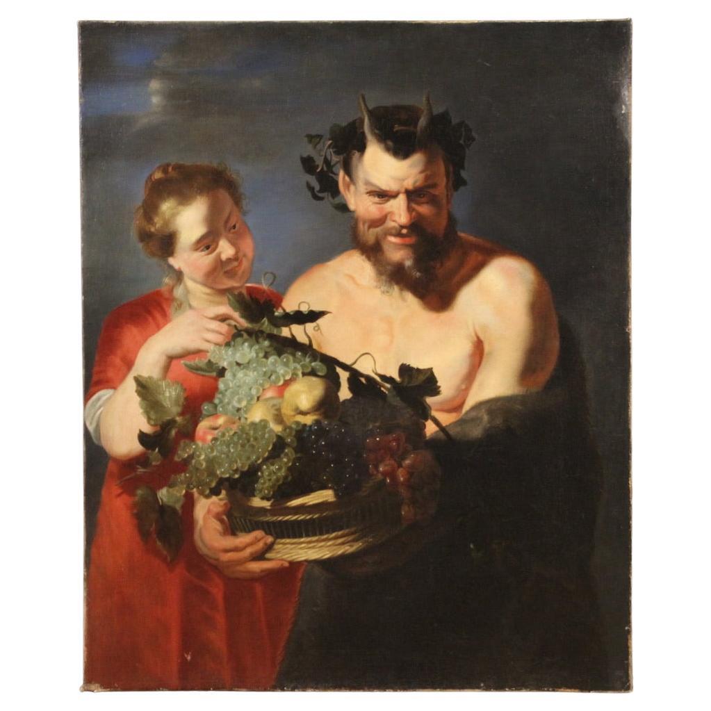 siglo XVII Óleo sobre lienzo Pintura flamenca Fauno con cesta de frutas y bacante