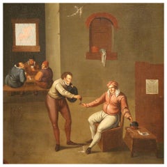 17th Century Oil on Canvas Flemish Painting Interior Scene of a Tavern, 1680