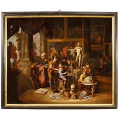 17th Century Oil on Canvas Flemish Painting the Art Workshop, 1670 Antique 17th Century Oil on Canvas Flemish Painting the Art Workshop, 1670