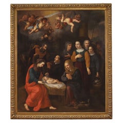 Antique 17th Century Oil on Canvas Flemish Religious Painting Adoration of the Shepherds