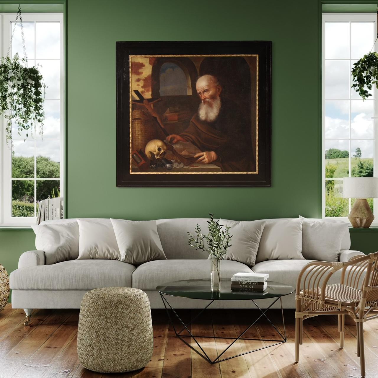 17. Jahrhundert Öl auf Leinwand Flämisches religiöses Gemälde Heiliger Hieronymus in seinem Arbeitszimmer im Angebot 9