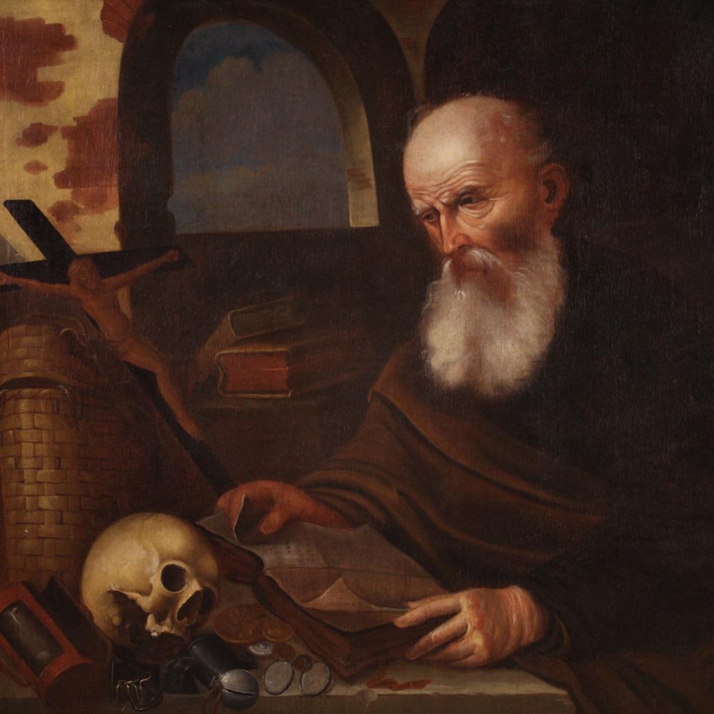 Flämische Malerei aus der ersten Hälfte des 17. Jahrhunderts. Kunstwerk in Öl auf Leinwand, das ein religiöses Thema von großem Reiz darstellt: der heilige Hieronymus in seinem Arbeitszimmer. Er lebte zwischen dem vierten und fünften Jahrhundert