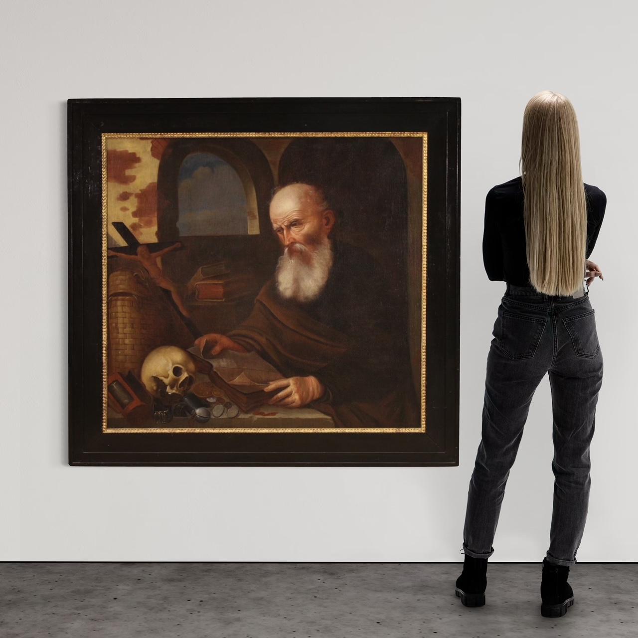 17. Jahrhundert Öl auf Leinwand Flämisches religiöses Gemälde Heiliger Hieronymus in seinem Arbeitszimmer (Dutch) im Angebot