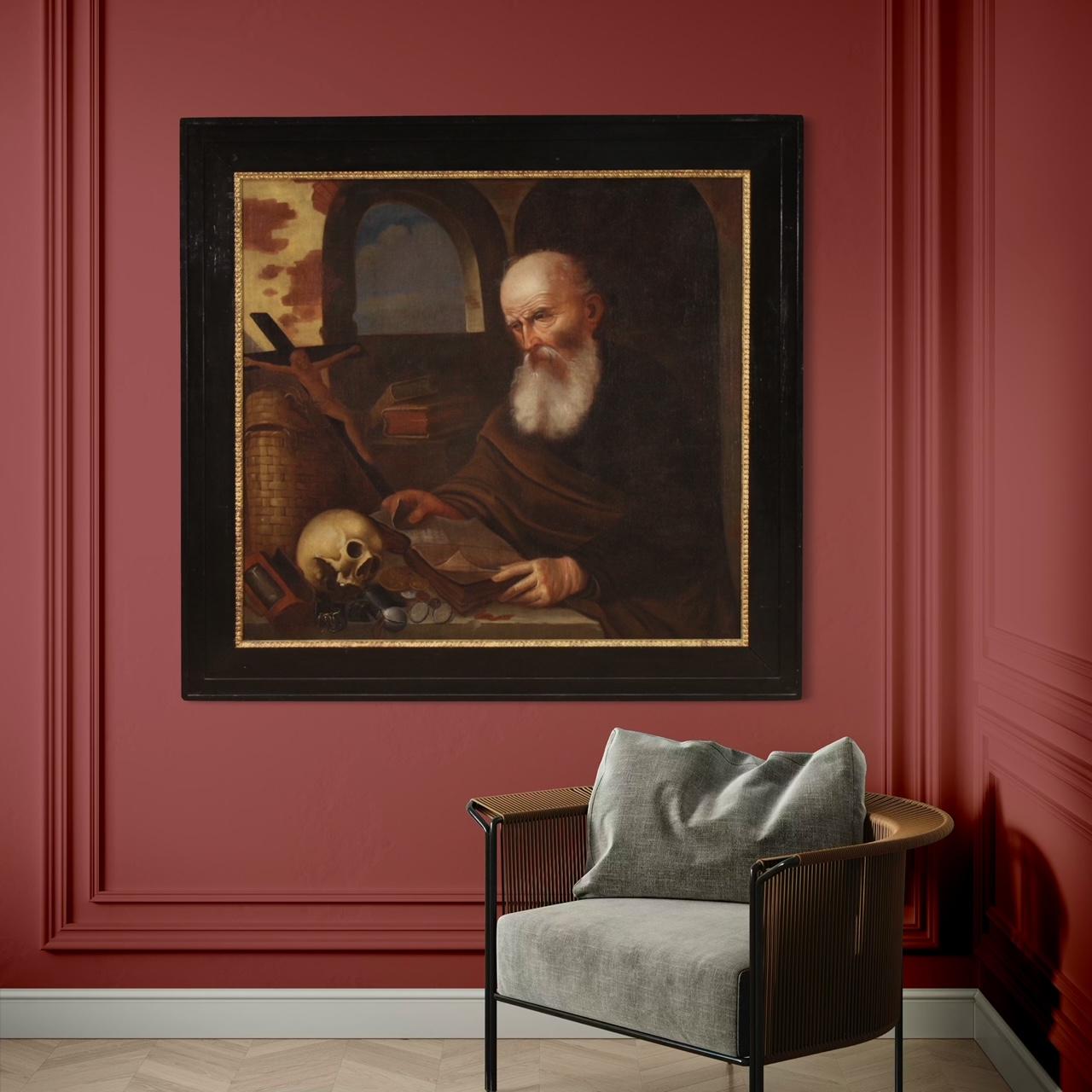 17. Jahrhundert Öl auf Leinwand Flämisches religiöses Gemälde Heiliger Hieronymus in seinem Arbeitszimmer im Angebot 1