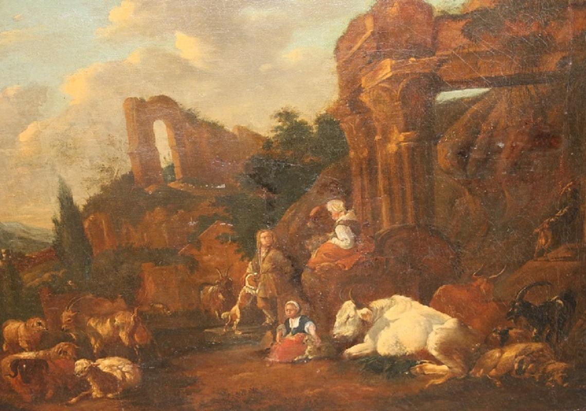 Flemish oil on canvas from the mid-1600s depicting a pastoral scene with ruins. In the style of Nicolaes Berchem, portraying a pastoral scene with Roman ruins in the background. The characters are dressed in traditional Dutch clothing of the time.