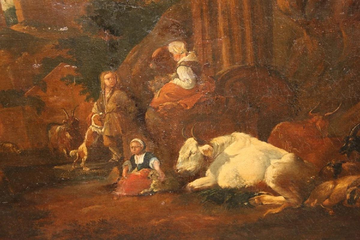 Dutch 17th-century oil on canvas, Flemish school, depicting a pastoral scene with ruin