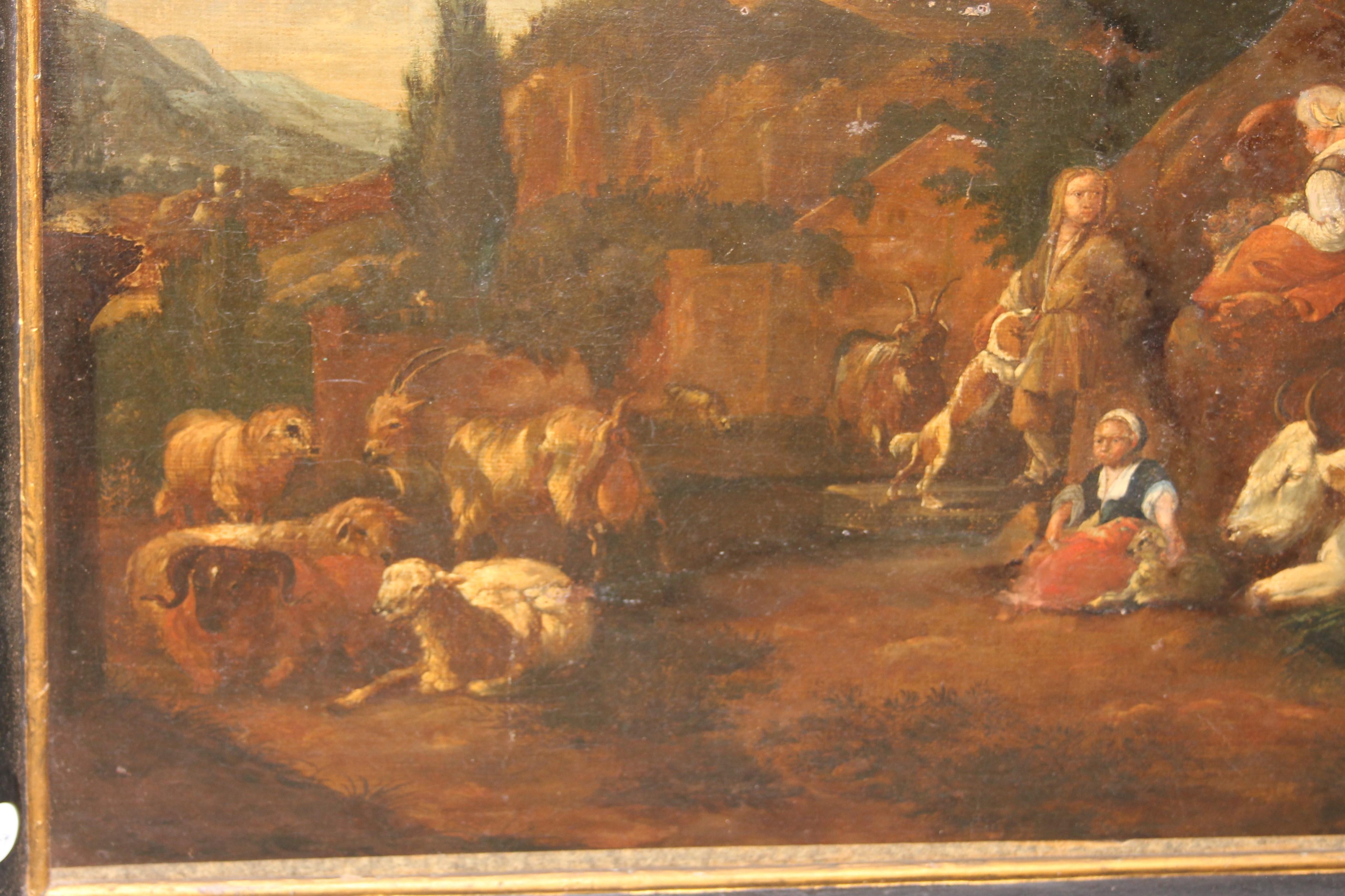 Oiled 17th-century oil on canvas, Flemish school, depicting a pastoral scene with ruin