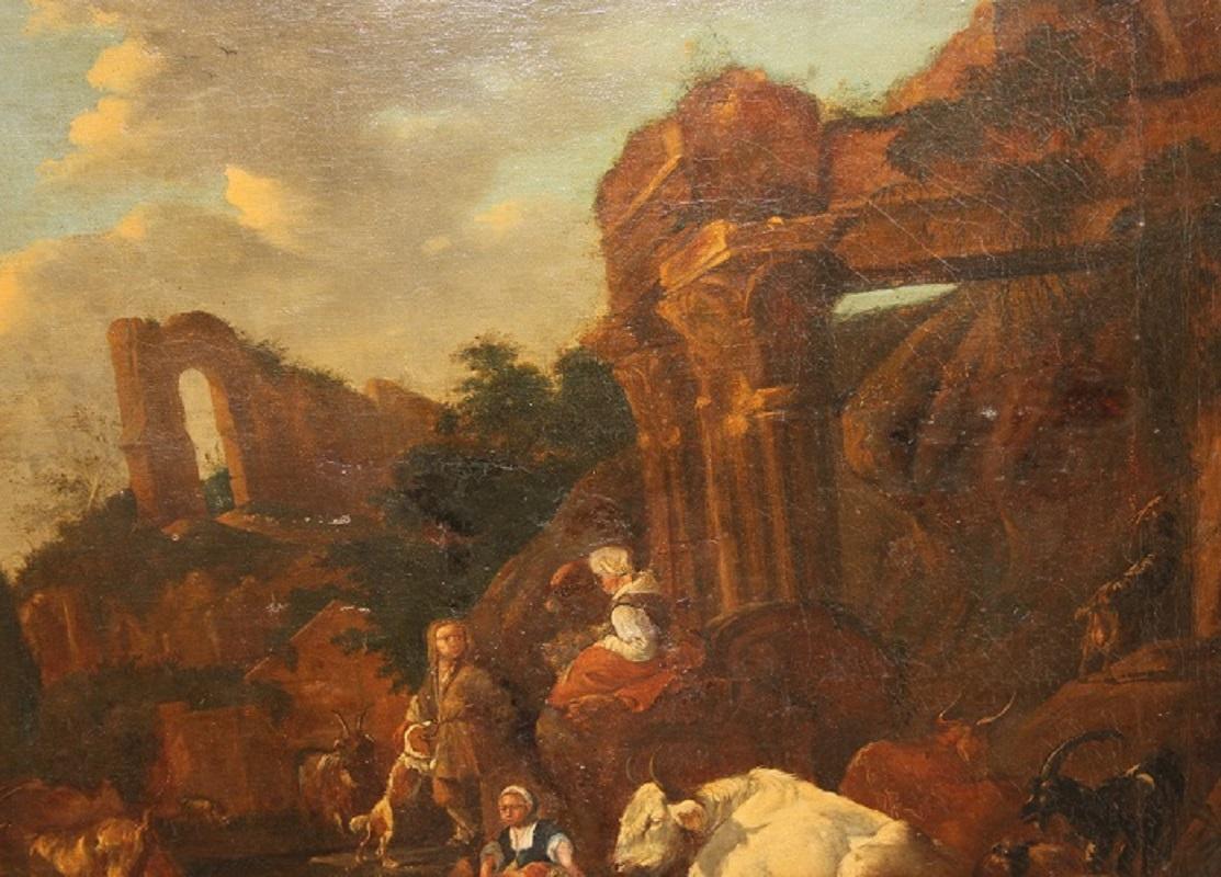 17th-century oil on canvas, Flemish school, depicting a pastoral scene with ruin In Excellent Condition In Barletta, IT
