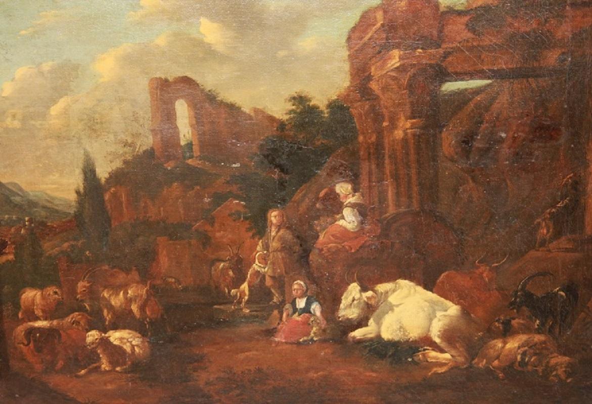 18th Century and Earlier 17th-century oil on canvas, Flemish school, depicting a pastoral scene with ruin