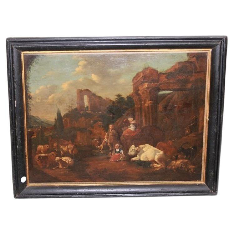 17th-century oil on canvas, Flemish school, depicting a pastoral scene with ruin
