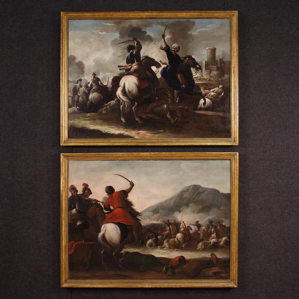 Une bataille majeure de la seconde moitié du XVIIe siècle. Peinture à l'huile sur toile représentant une bataille dramatique entre des chevaliers chrétiens et orientaux. Au premier plan, un guerrier vêtu d'une tunique et d'un turban rouges, armé
