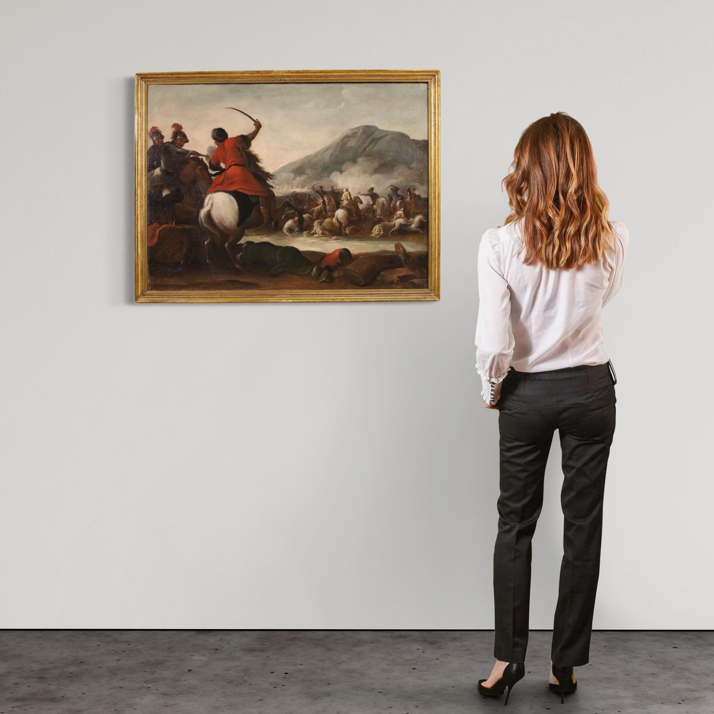 French huile sur toile du 17e siècle, peinture ancienne française d'une bataille avec des soldats, 1670 en vente