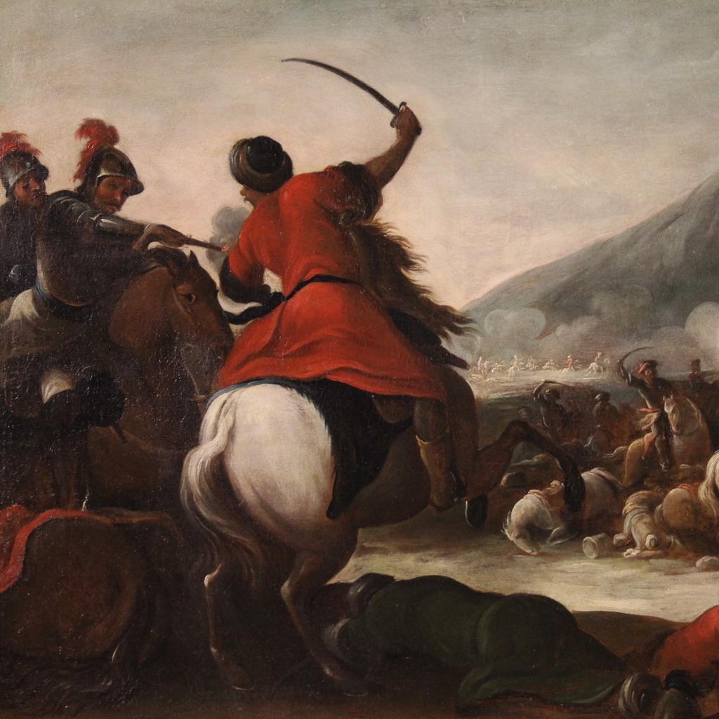 Huilé huile sur toile du 17e siècle, peinture ancienne française d'une bataille avec des soldats, 1670 en vente