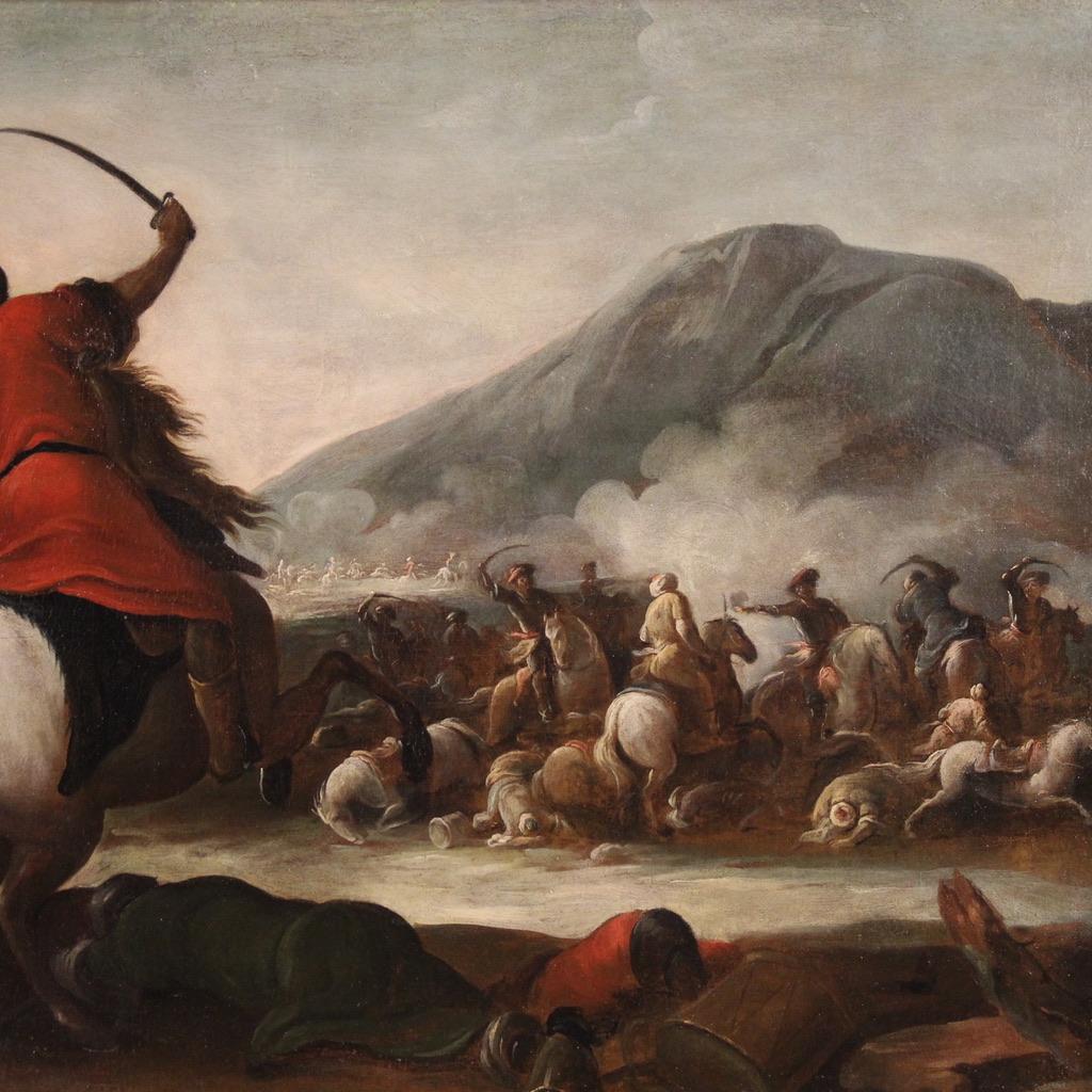 huile sur toile du 17e siècle, peinture ancienne française d'une bataille avec des soldats, 1670 Bon état - En vente à Vicoforte, Piedmont