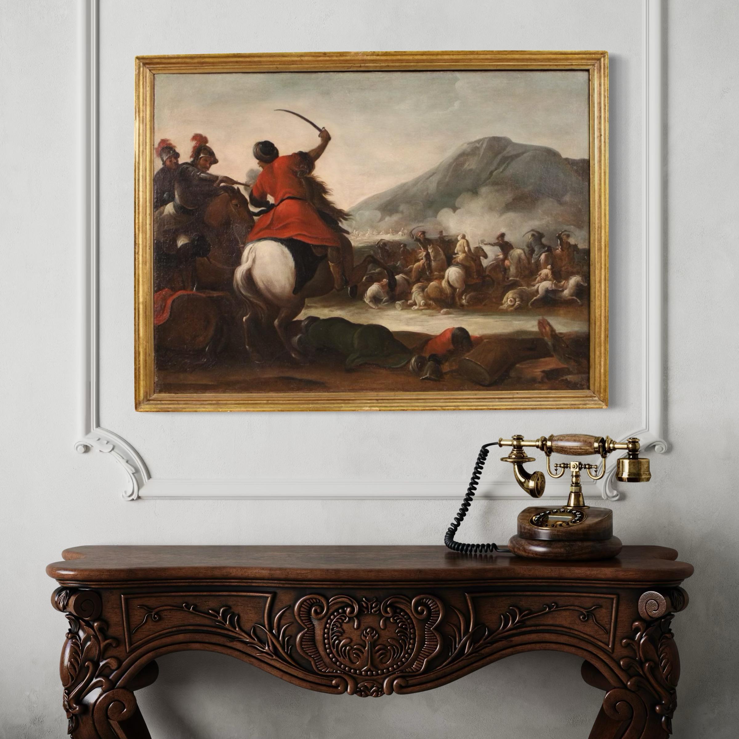 Late 17th Century huile sur toile du 17e siècle, peinture ancienne française d'une bataille avec des soldats, 1670 en vente