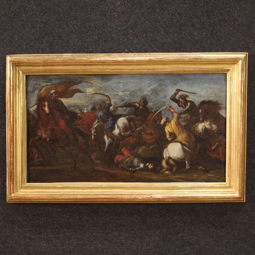 Antique German painting from the late 17th / early 18th century. Framework oil on canvas depicting battle between Western and Arab knights of good pictorial quality. Painting of great dynamism rich in decorative elements, horses and splendid armor
