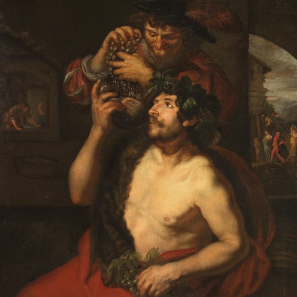 Gran pintura mitológica de mediados del siglo XVII. Obra al óleo sobre lienzo que representa a un magnífico Baco basada en el prototipo del cuadro la alegoría del mes de octubre del pintor alemán Joachim Von Sandrat (1606-1688). De hecho, el dios se
