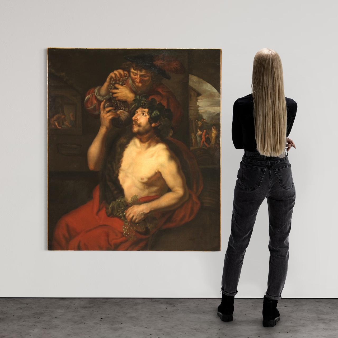 siglo XVII Óleo sobre Lienzo Pintura Mitológica Alemana Antigua Baco, 1650 German