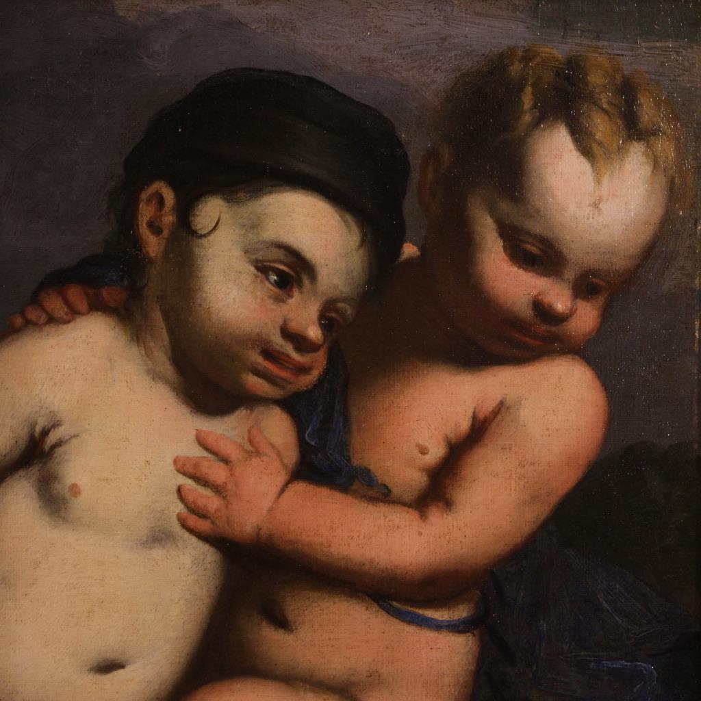 17th Century Oil on Canvas Italian Antique Allegory Painting Cherubs Game, 1640s For Sale 1