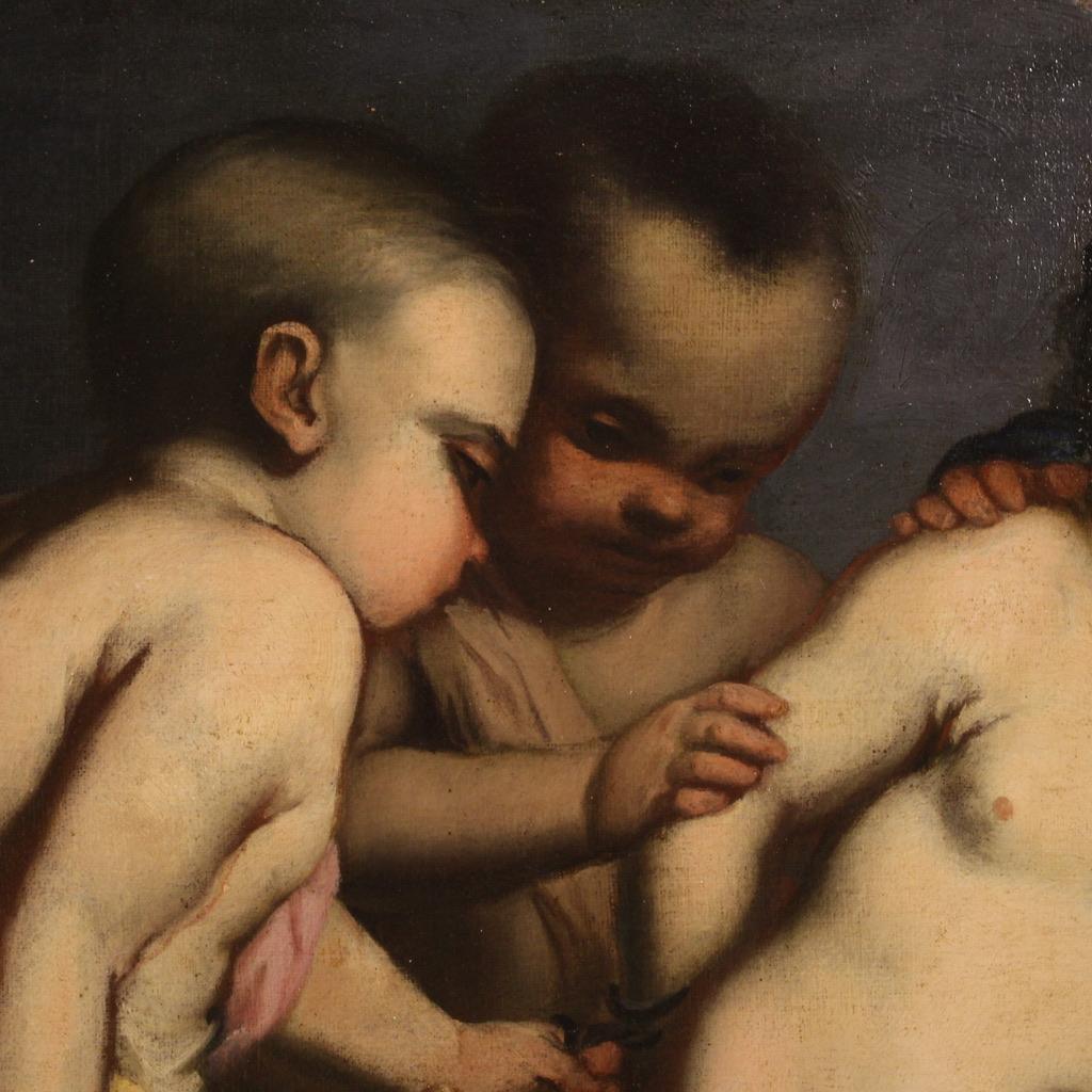 17th Century Oil on Canvas Italian Antique Allegory Painting Cherubs Game, 1640s For Sale 2