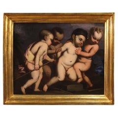 17th Century Oil on Canvas Italian Antique Allegory Painting Cherubs Game, 1640s