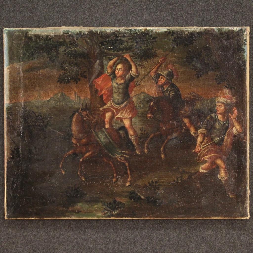 Antique Italian painting from the 17th century. Work oil on canvas depicting a particular scene with knights and warriors (under study) of good pictorial quality. Small painting, for antique dealers and collectors of ancient Italian painting. Patina