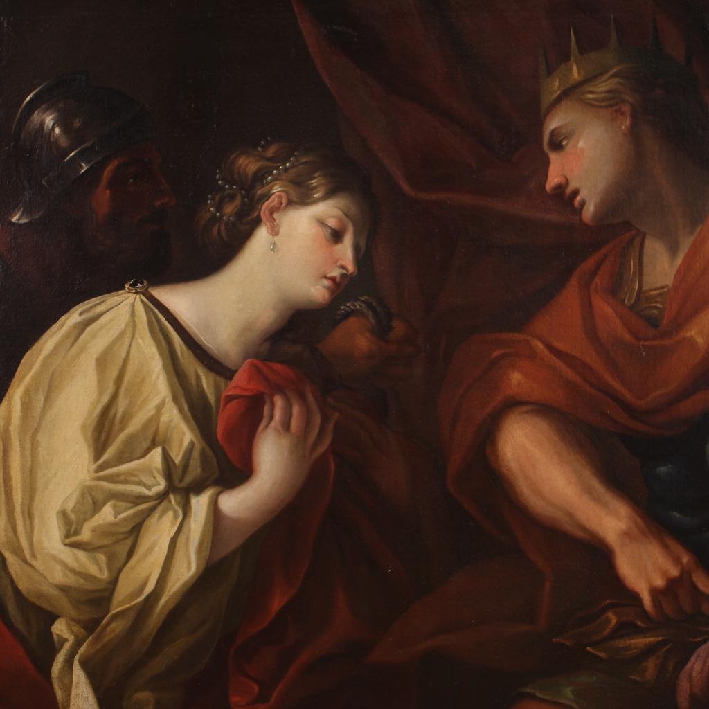 Great 17th century Italian painting. Oil on canvas artwork of the Emilian school, depicting a biblical subject, David and Abigail of excellent pictorial quality. Painting of exceptional size and impact, adorned with a non-coeval wooden frame, from