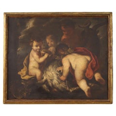 17th Century Oil on Canvas Italian Antique Cherubs Game Painting, 1660