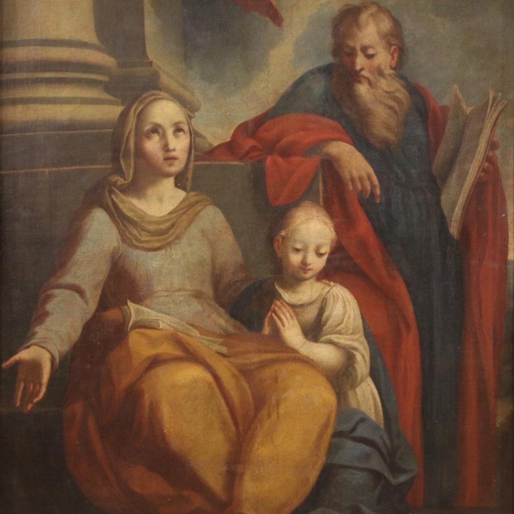Great antique Italian painting from 17th century depicting the education of the Virgin. The subject belongs to the Marian iconography and is the story of Mary's early childhood alongside Saint Anne and Saint Joachim. Framework of excellent pictorial