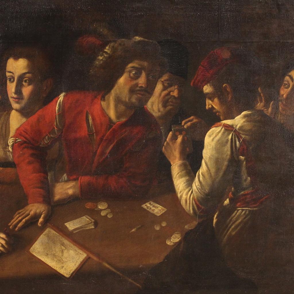 17th Century Oil on Canvas Italian Antique Interior Scene Painting Card Players In Good Condition In Vicoforte, Piedmont