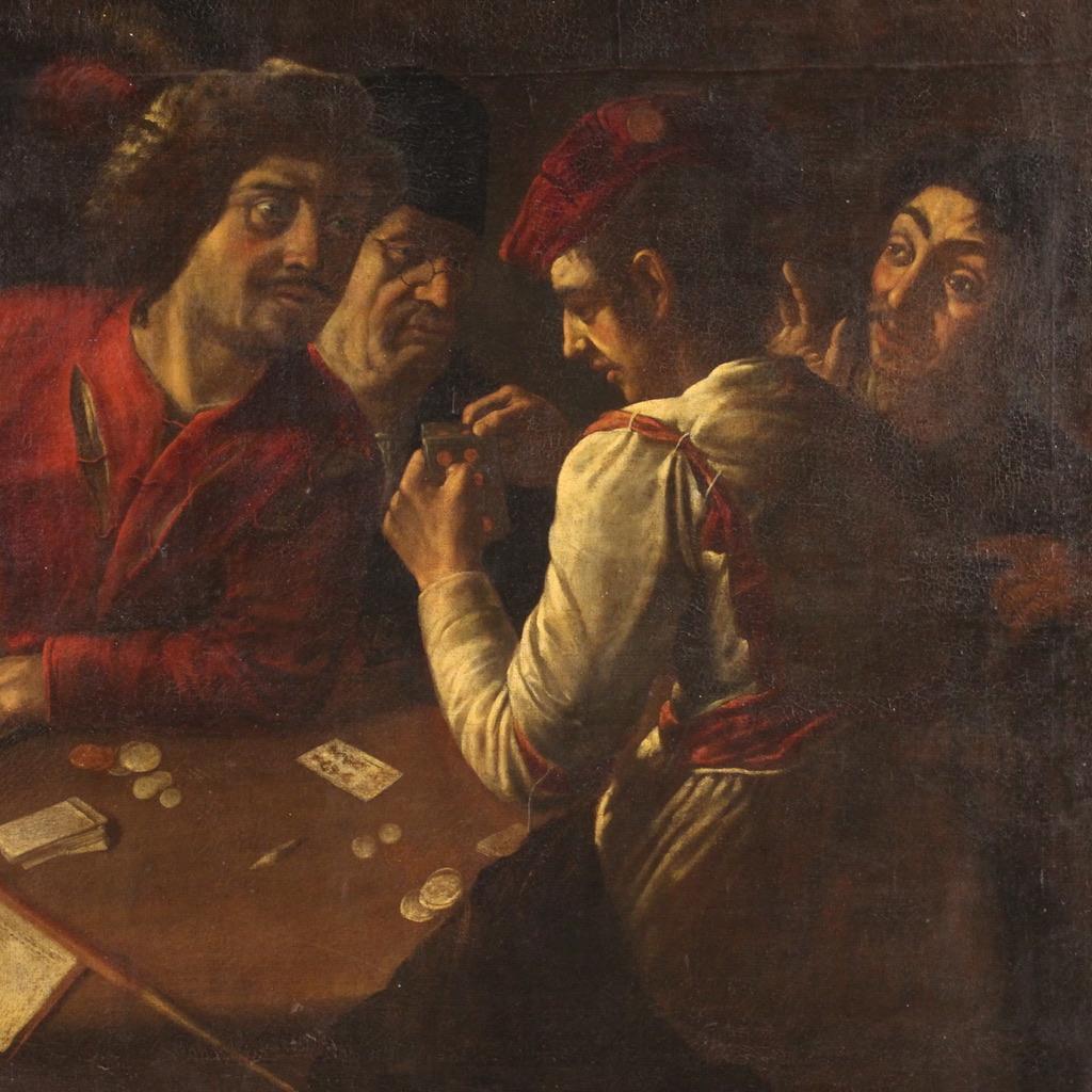 Mid-17th Century 17th Century Oil on Canvas Italian Antique Interior Scene Painting Card Players