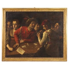 Huile sur toile du 17e siècle Peinture d'intérieur antique italienne Joueurs de cartes