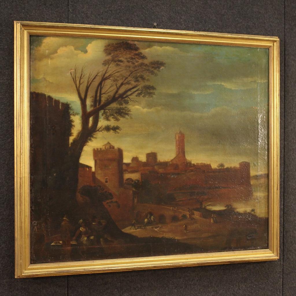 17th Century Oil on Canvas Italian Antique Landscape Painting, 1680 For Sale 8