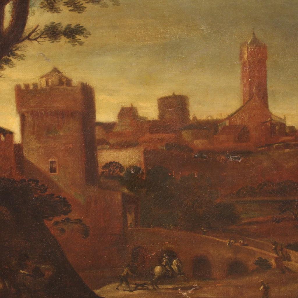 17th Century Oil on Canvas Italian Antique Landscape Painting, 1680 For Sale 10