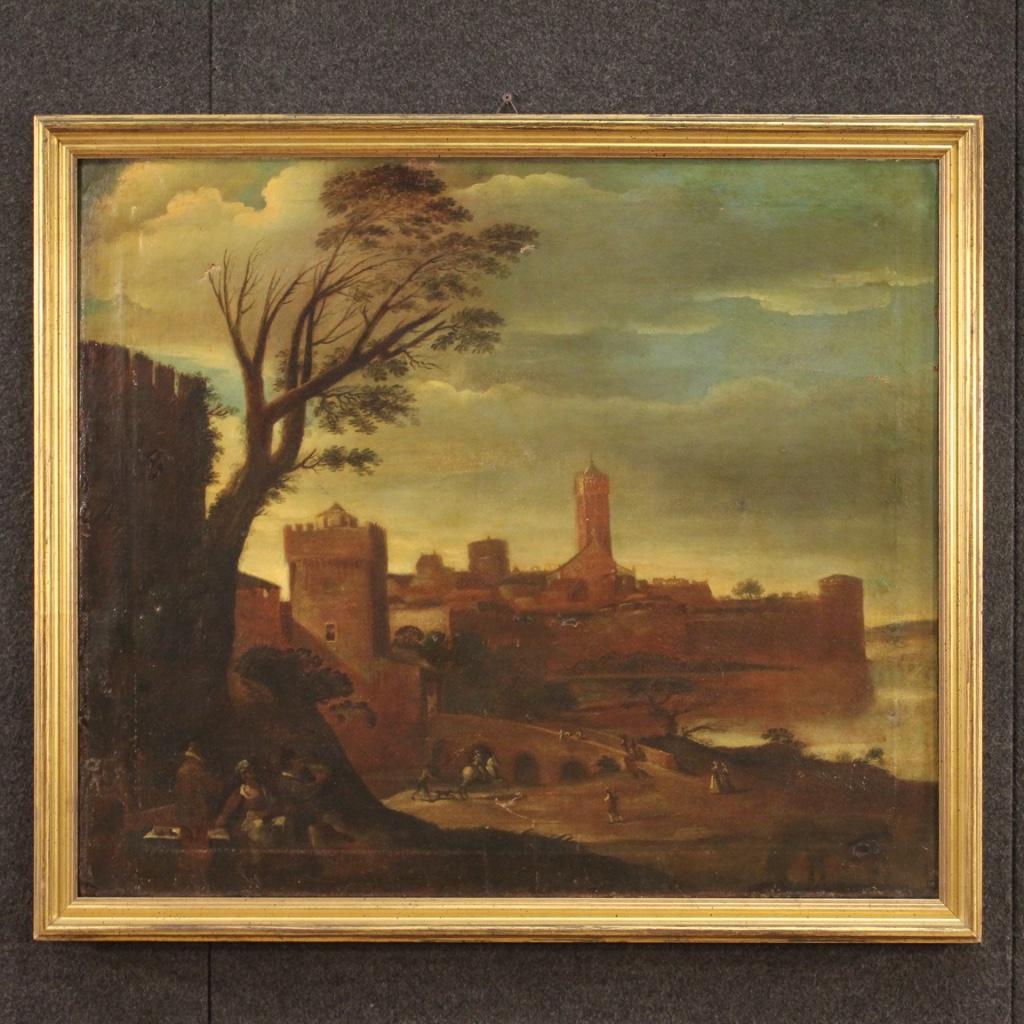 Antique Italian painting from the 17th century. Framework oil on canvas, on the first canvas, depicting an animated landscape with towers of good pictorial quality. Modern frame in carved and gilded wood and plaster of beautiful decoration.