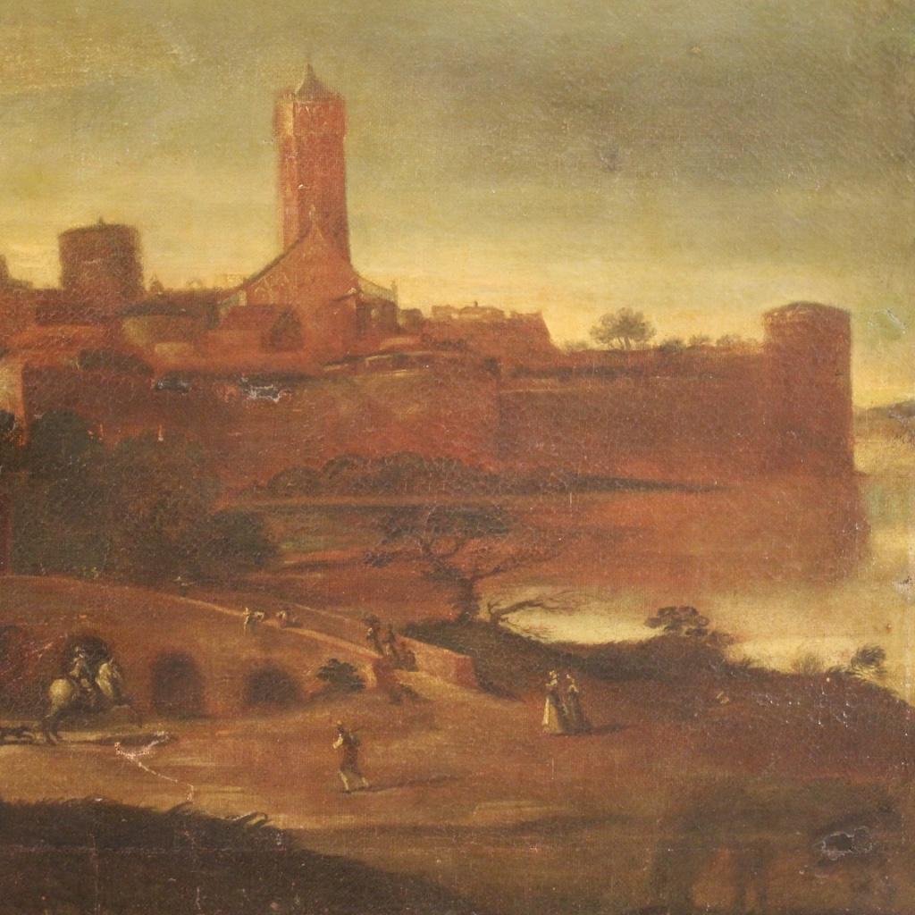 Oiled 17th Century Oil on Canvas Italian Antique Landscape Painting, 1680