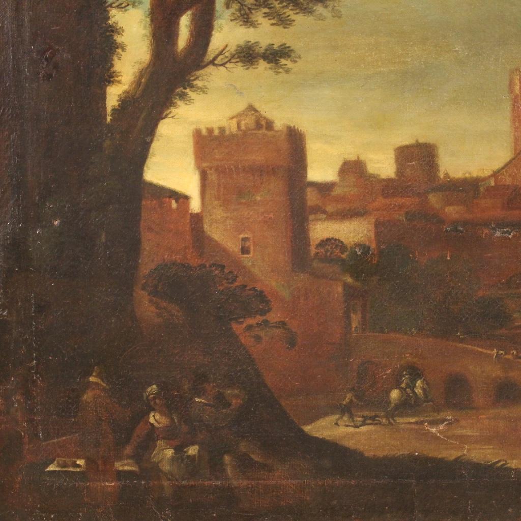 Italienisches antikes Landschaftsgemälde aus dem 17. Jahrhundert, Öl auf Leinwand, 1680 im Zustand „Relativ gut“ im Angebot in Vicoforte, Piedmont