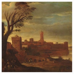17th Century Oil on Canvas Italian Antique Landscape Painting, 1680
