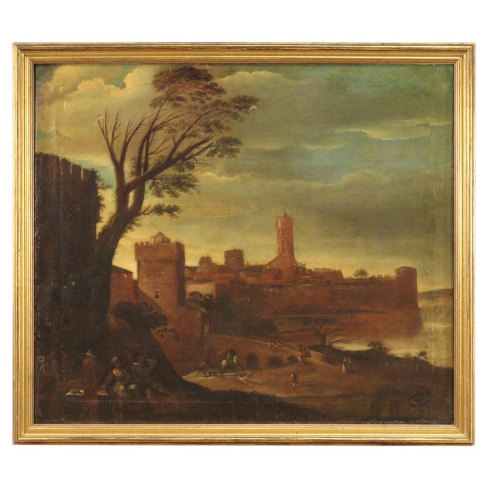 Huile sur toile italienne d'un paysage ancien du 17ème siècle, 1680