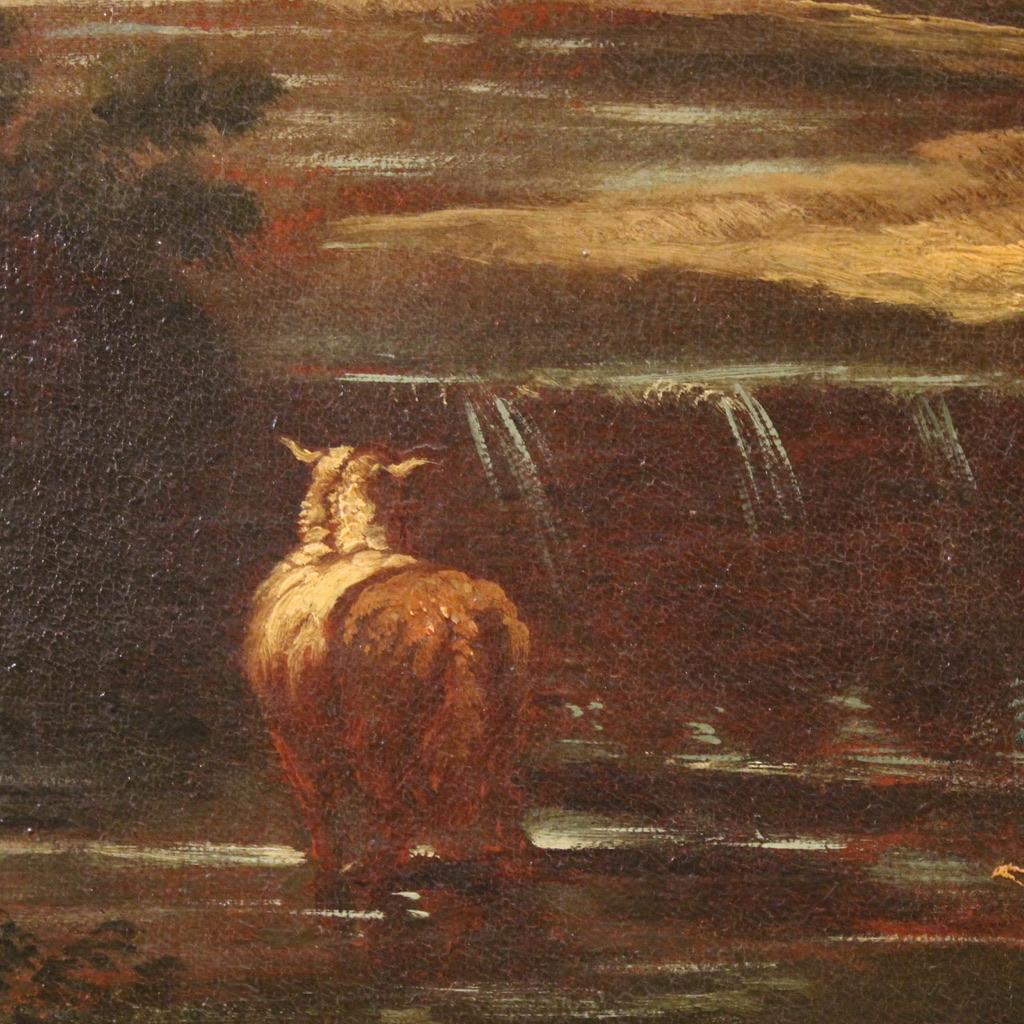 17th Century Oil on Canvas Italian Antique Landscape Painting Pastoral Scene in vendita 4