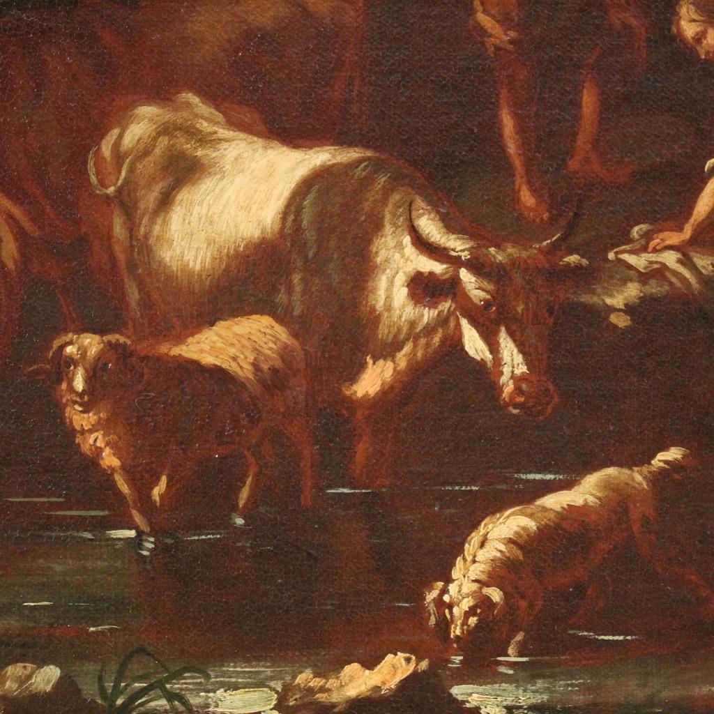 17th Century Oil on Canvas Italian Antique Landscape Painting Pastoral Scene in vendita 5