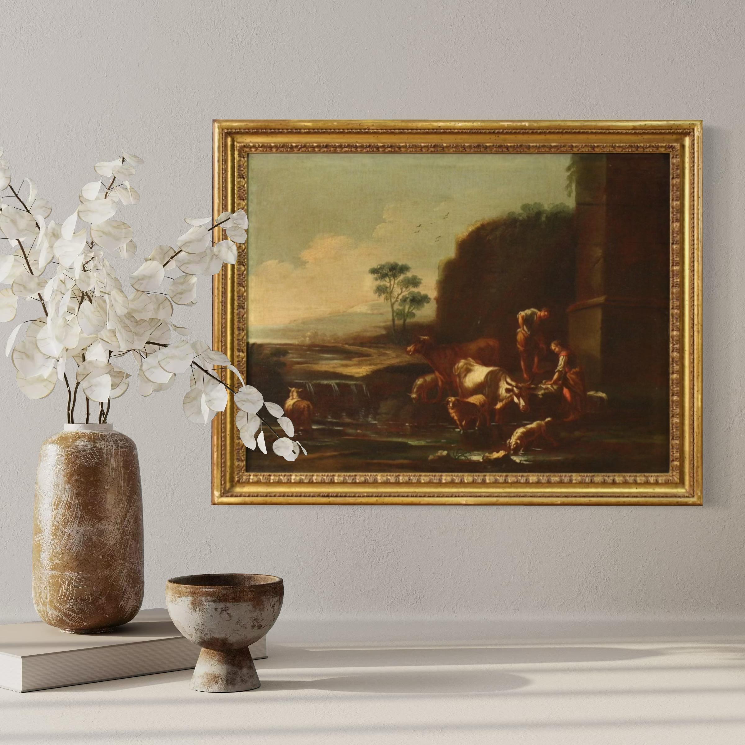 17th Century Oil on Canvas Italian Antique Landscape Painting Pastoral Scene in vendita 8